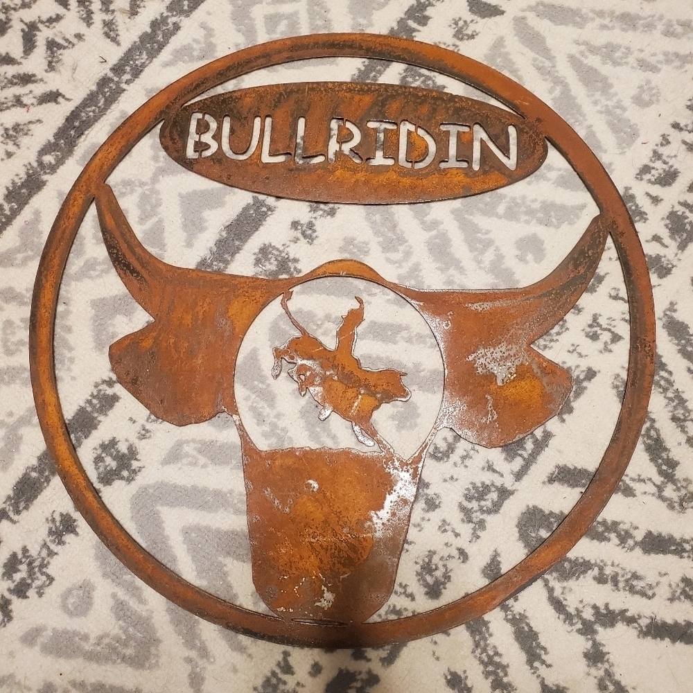 Rustic Bullriding Metal Sign. Round Rustic. Western. Bull Cowboy Horse - Picture 2 of 6